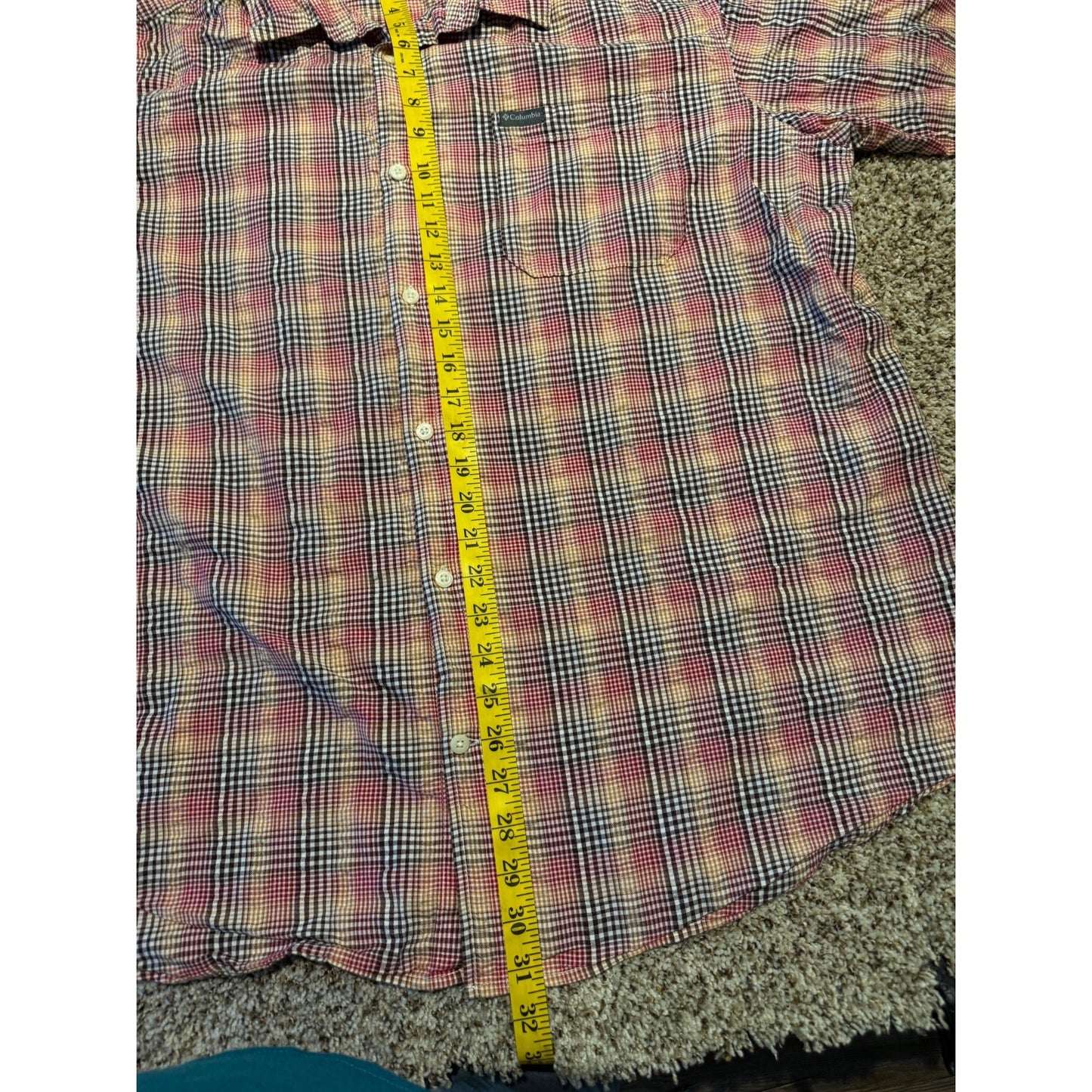 Columbia Red Multicolor Check Button Shirt Men's XL Regular Fit Short Sleeve