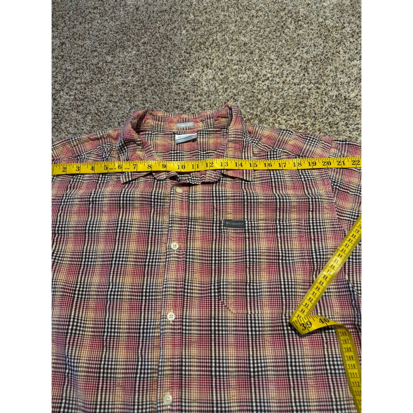Columbia Red Multicolor Check Button Shirt Men's XL Regular Fit Short Sleeve