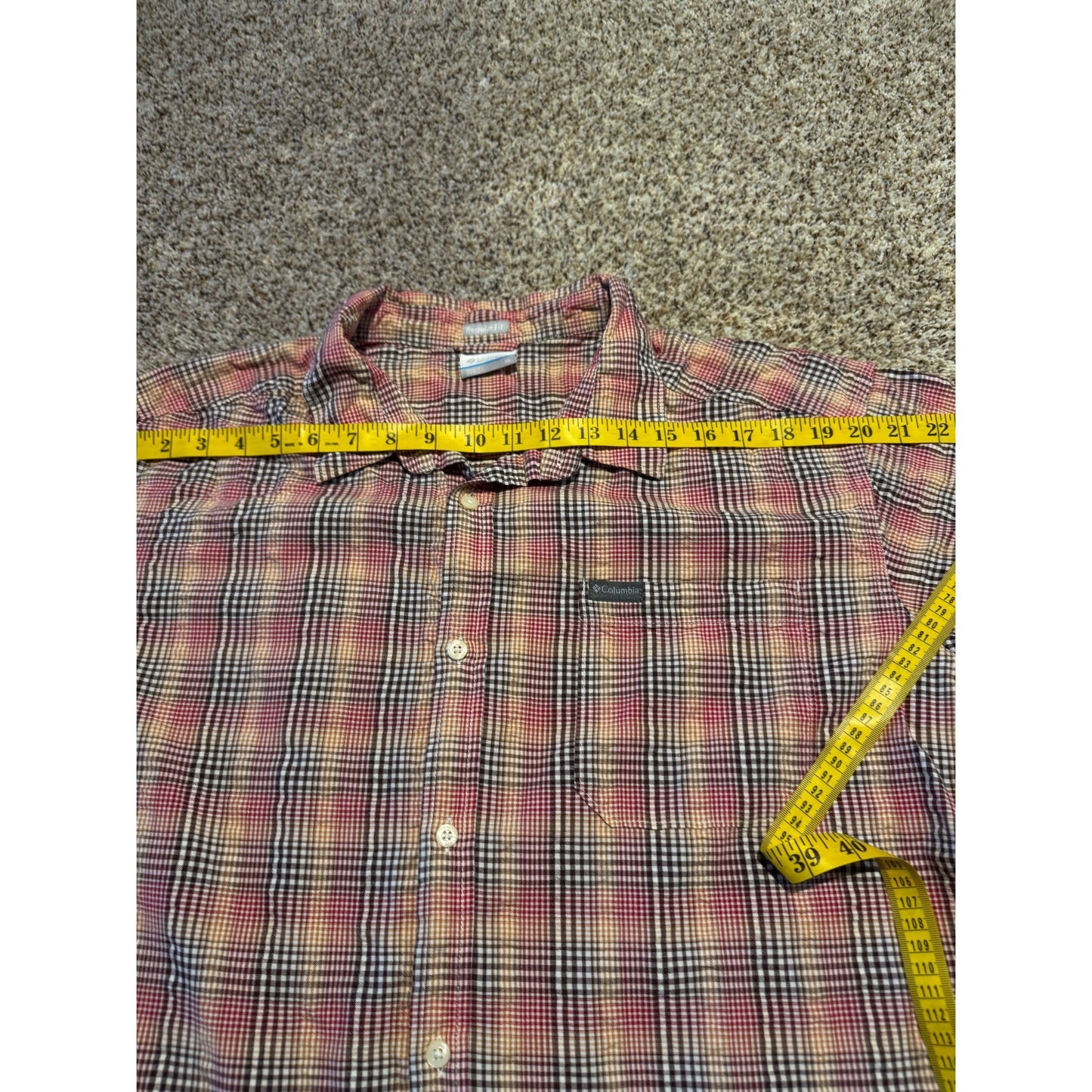 Columbia Red Multicolor Check Button Shirt Men's XL Regular Fit Short Sleeve