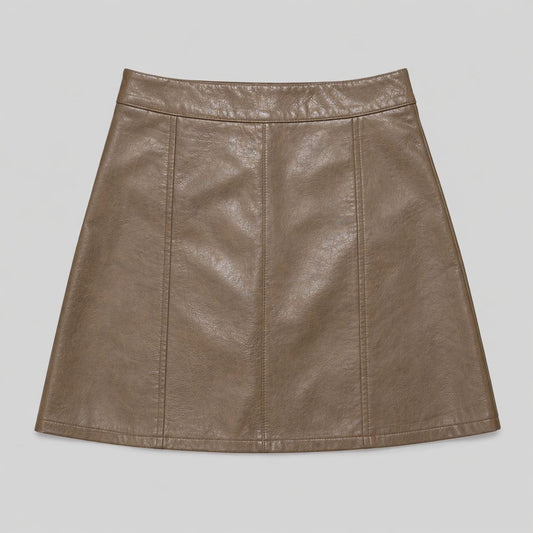 A taupe faux-leather A-line mini skirt with a straight waistband and front center seam, shown flat on a light gray background.
